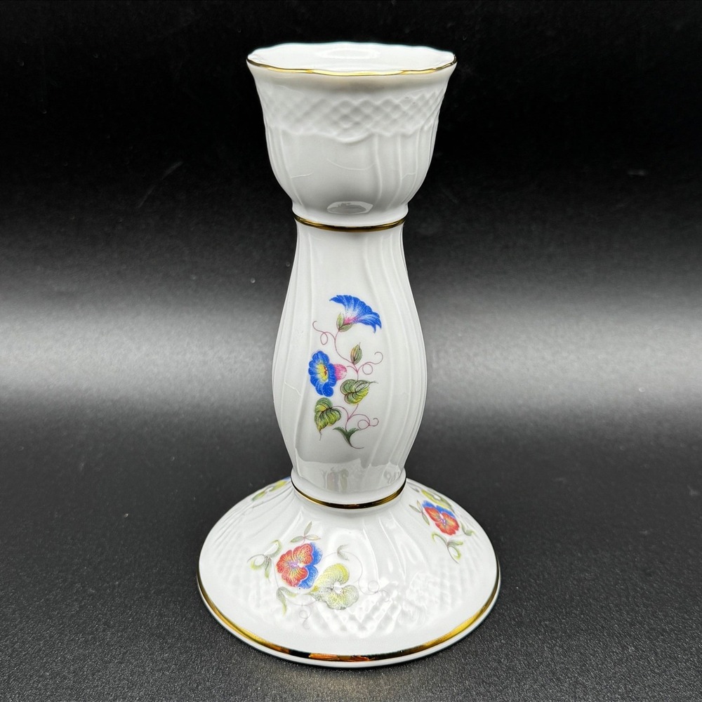 Hollohaza Hungary Hajnalka Porcelain Candlestick Floral Gold Trim Cottagecore